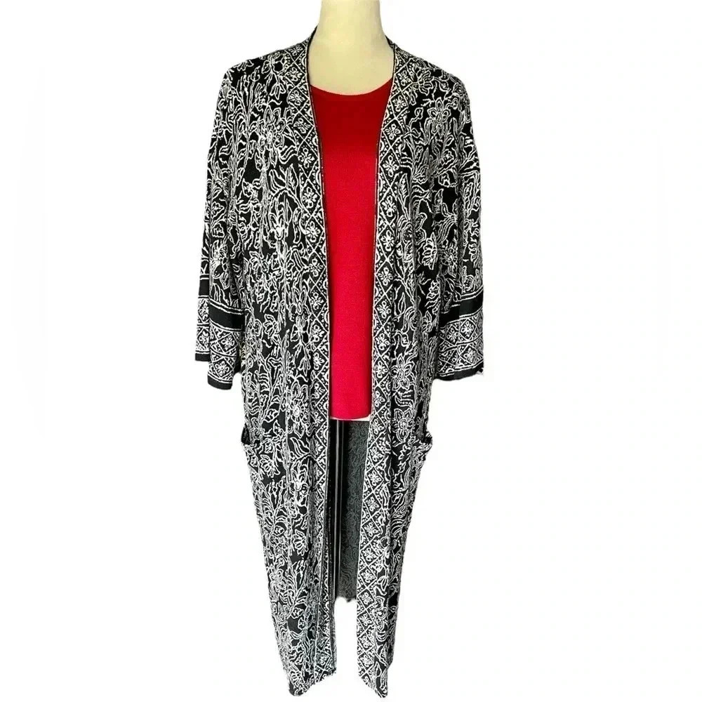 Zara Trafaluc Floral 3/4‎ Sleeves Black/White Duster Cardigan Kimono Women M